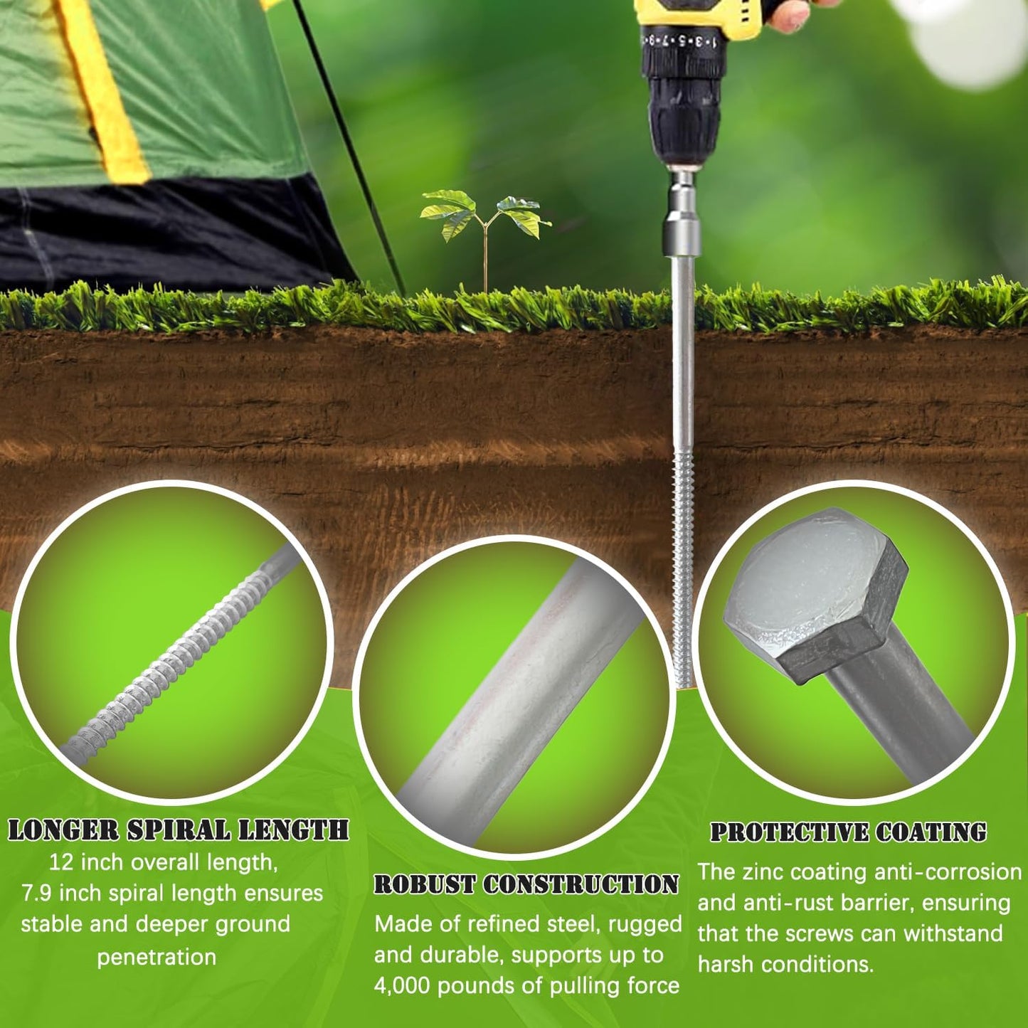 12pcs 3/8 x 12 inch Heavy Duty Camping Ground Anchors, Non-Rust Tent Stakes Screw in Kit for Securing Animals, Trampoline, Carports, Canopies, Sheds, Swing Sets, Ground Anchors for High Winds