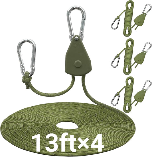 13ft Adjustable Outdoor Windproof Rope Ratchet Strap Tie Down Straps Small Mini Reflctive Paracord Rope Tent Hanger Grow Light Kayak 5/32" 4 Pack