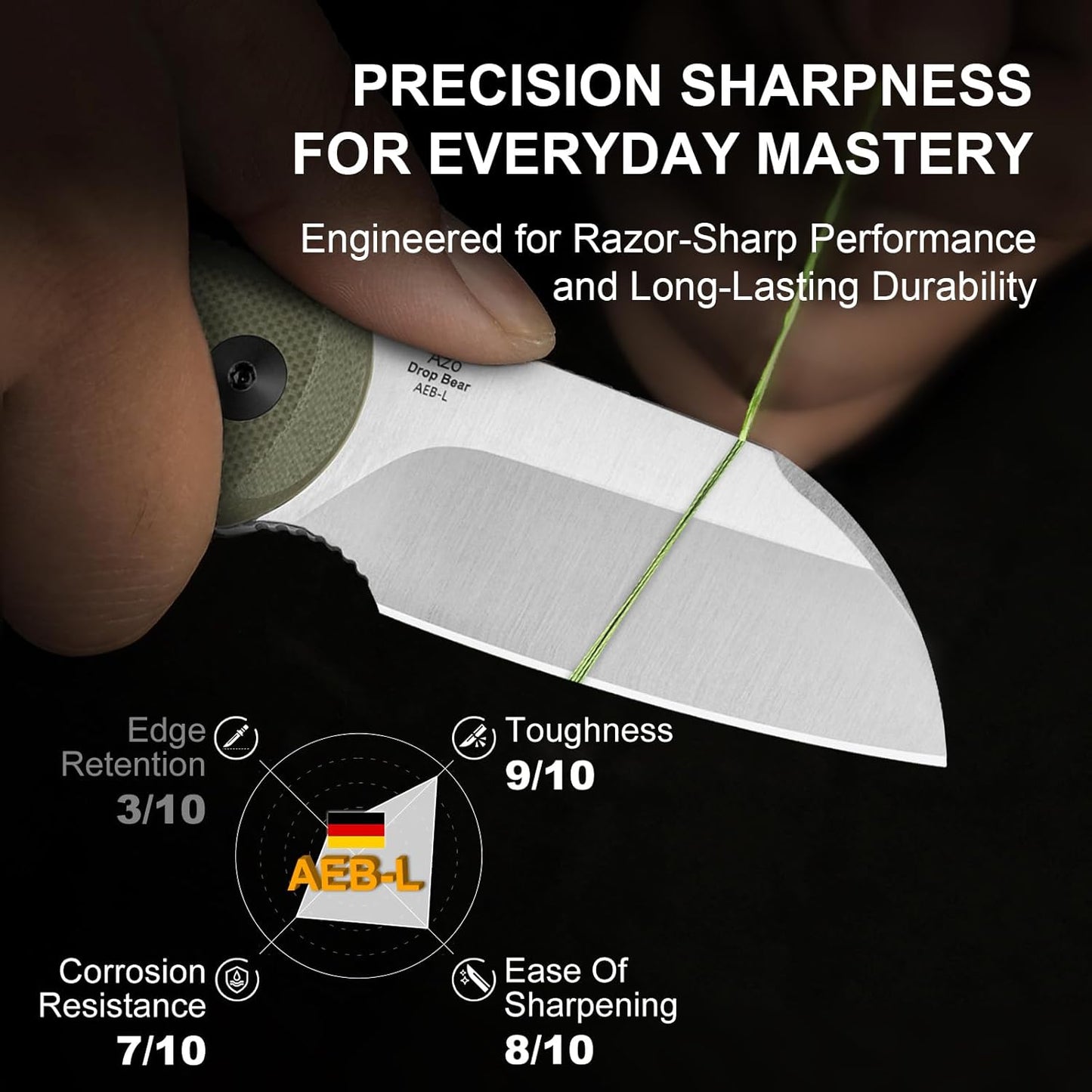 Kizer Drop Bear Fixed Blade Knife, 2.6" AEB-L Satin Blade EDC Camping Knife with Olive Green G10 Handle & Hidden Tools, Outdoor Full Tang Hunting Survival Knives with Adjustable Kydex Sheath 1093A1