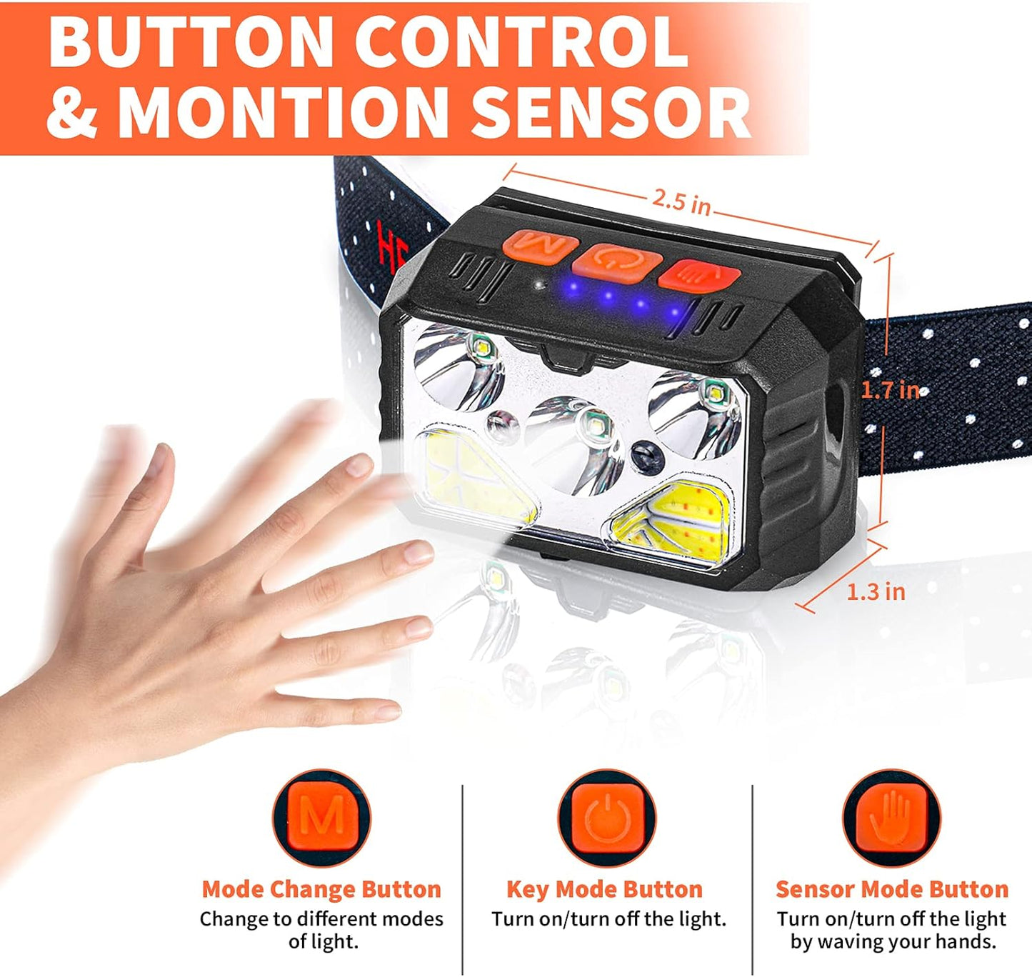 Kitness 2 Pack Digits Sensor Headlamp 6 Light Mode LED Rechargeable Headlight 1100 Lumens USB Head Lamp Flashlight Waterproof Headlamps with Motion Sensor for Outdoors