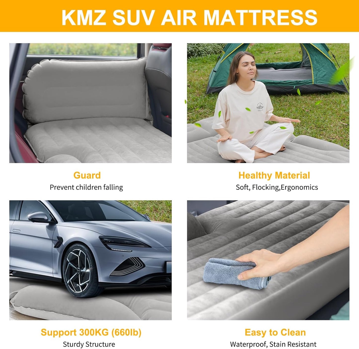 KMZ SUV Air Mattress Thickened and Double-Sided Flocking Travel Camping Bed with 2 Pillows & Electric Pump Dedicated Mobile Cushion Inflatable Bed for SUV Trunk and Rear Seat (Light Gray)