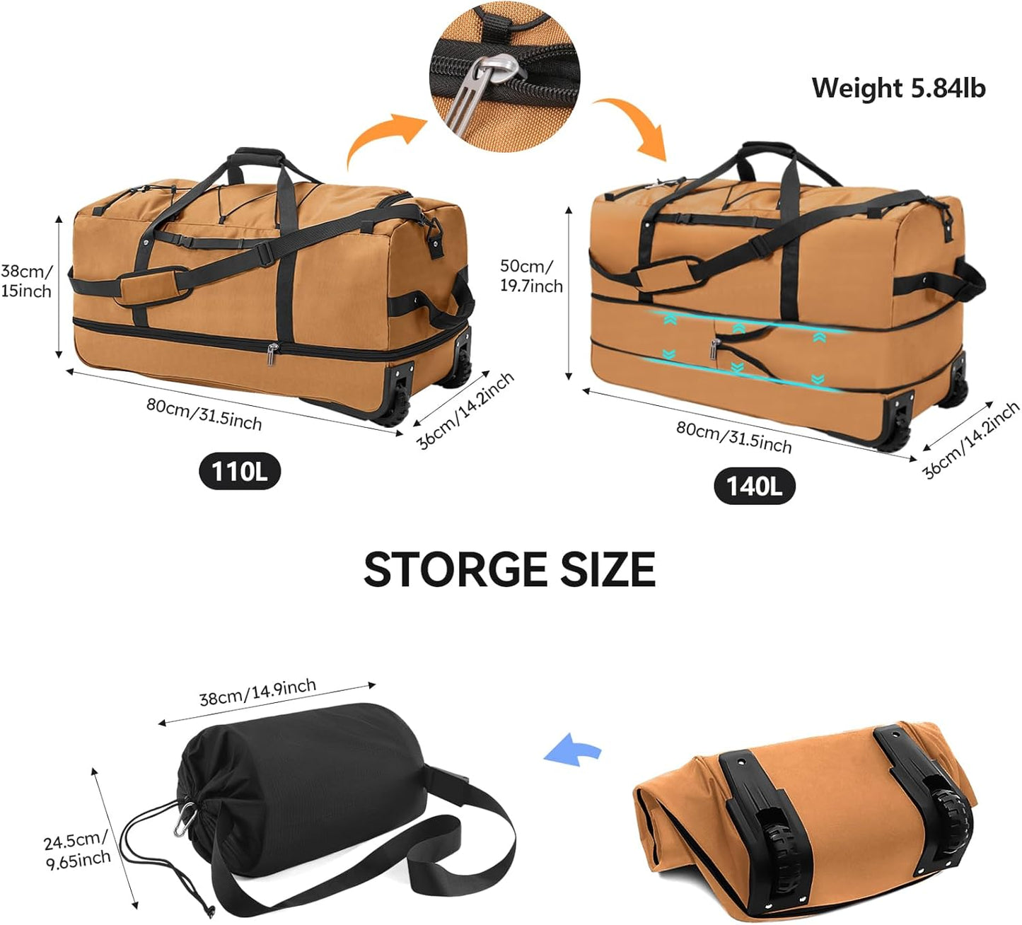 110L/140L Expandable Soft-Sided Foldable Duffle Bag with 2 Rubber Wheels,Packable 32” Rolling Carry-On with Multi-Pockets & Compartments,Coffee
