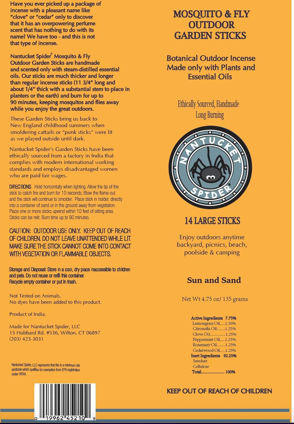 Nantucket Spider Bundle | Garden Repellent Sticks 14 Pack and Incense Stick Holder | Repels Mosquitoes & Flies | Long Lasting | Soapstone Block, Handmade Bamboo Based Sticks, Sun and Sand