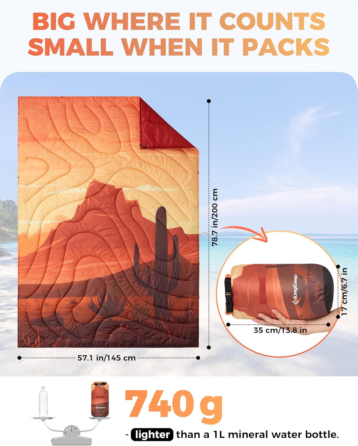 KingCamp Ultralight Camping Blanket, Packable Down Alternative Puffy Printed Wearable Blanket with Snap Buttons & Corner Loops Weatherproof Quilt for Outdoor Travel Stadium (79" x 57", Cactus)