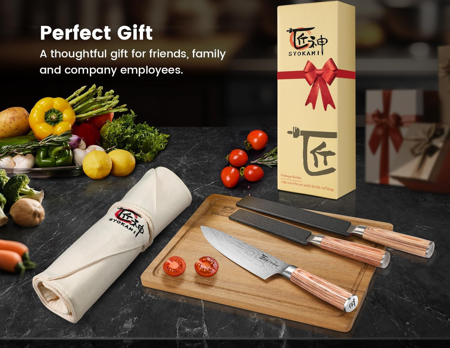 14pcs Chef Knife Set with Roll Bag, Professional Stainless Steel Japanese Knife Set with Pakkawood Handle for Professional Chef, Camping, Travel, BBQ, RV or Gift Beige