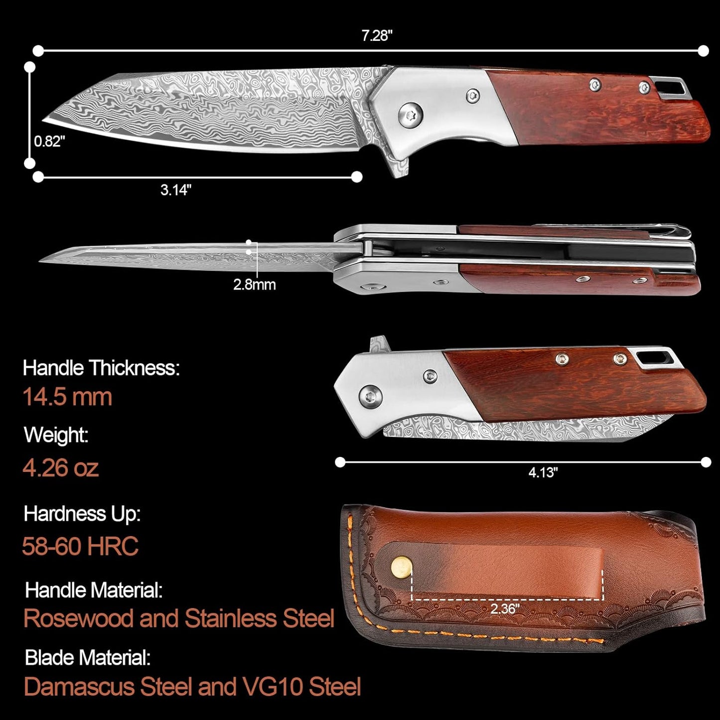 KOMWERO Damascus Pocket Knife with Clip Leather Sheath, 3.14 inch Sharp Damascus Steel Knife with Rosewood Handle, EDC Damascus Folding Knife for Men Women Camping Collection