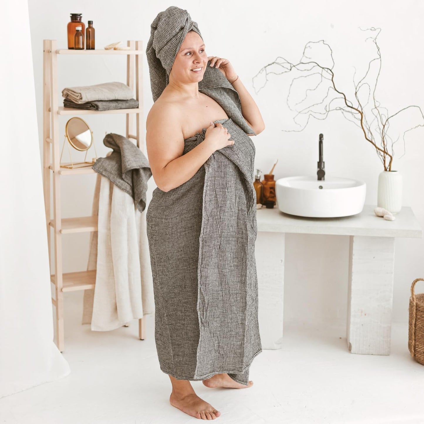 100% Linen Bath Sheet Towel - 36x72-inches - Waffle Weave Black-Natural Oversized Bath Towels - Lightweight Absorbent Thin Beach Towel Quick Dry XL Travel Towel Extra Large