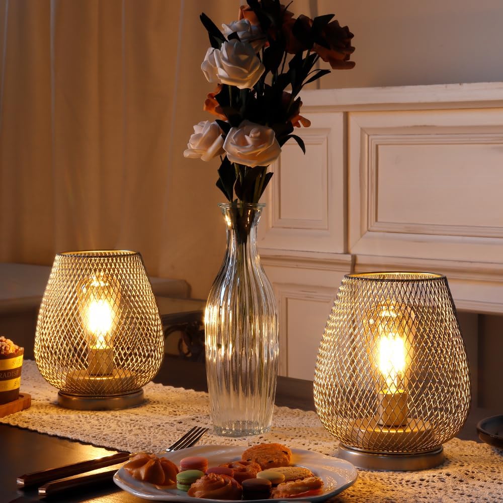 JHY DESIGN Set of 2 Metal Cage LED Lantern Battery Powered Cordless Accent Light with LED Great for Weddings Parties Patio Events for Indoors Outdoors(Silver)