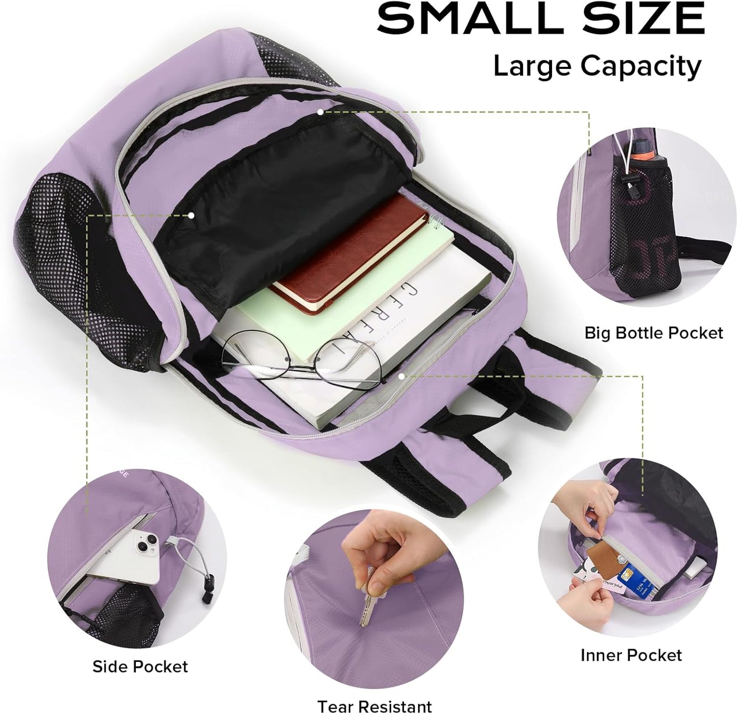 15L Water-resistant Hiking Daypack, Small Backpack Travel Outdoor, Lightweight Day Pack with Tool Loops