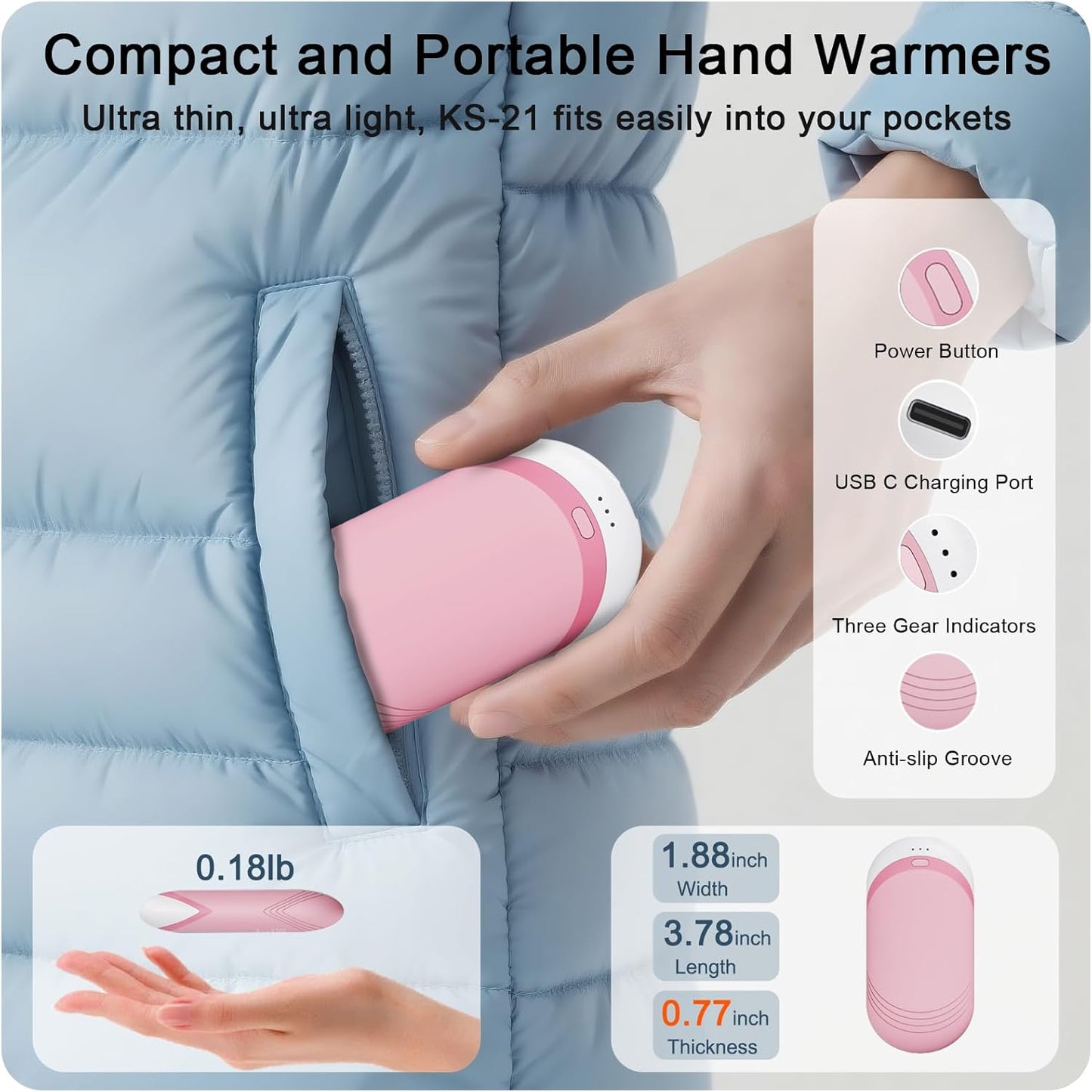 Karecel Thermally Conductive Silicone Rechargeable Hand Warmers 2 Pack, 6000mAh Double-Sided Heat AI Electric Hand Warmer, Portable Pocket Handwarmer, Fits in Gloves, Slim, Shockproof, Women Men Gifts