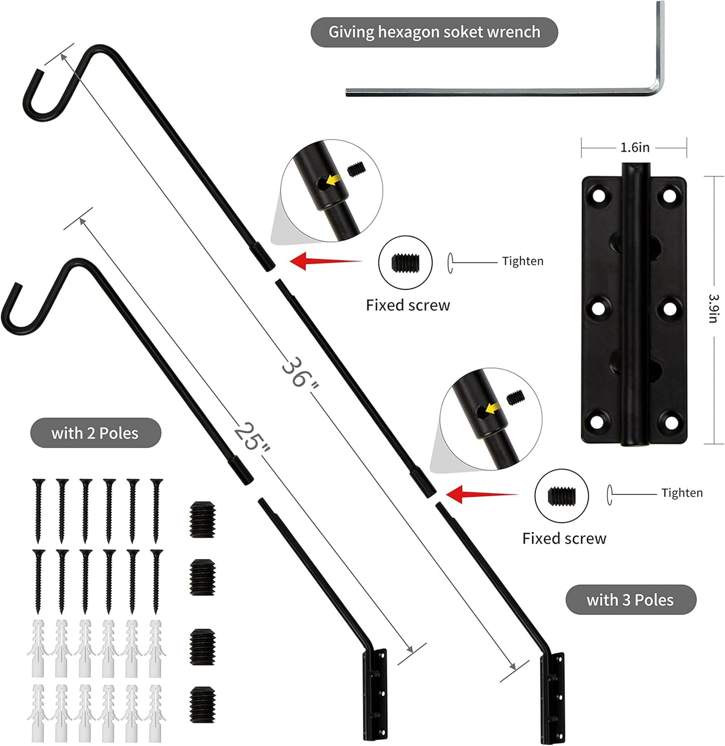 Juegoal 2 Pack Heavy Duty Deck Hook, 25 Inch or 36 Inch Wall Mounted Extended Reach Deck Hook Wall Pole Plant Bracket for Hanging Bird Feeder, Plants, Suet Baskets, Lanterns, Wind Chimes