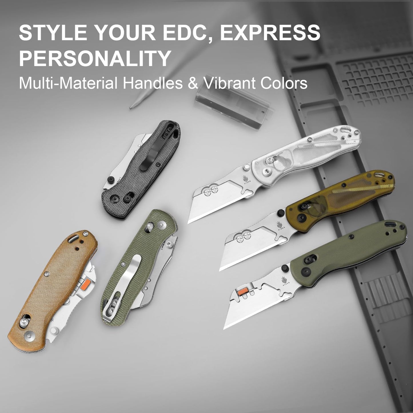 Kizer Uti Bear(Tool-Free Version) Folding Utility Knife, Quick Change Box Cutter EDC knife with 5PCS Razor Blades, Clutch Lock & Pocket Clip Small Pocket Knives for Men Women V3619JA6