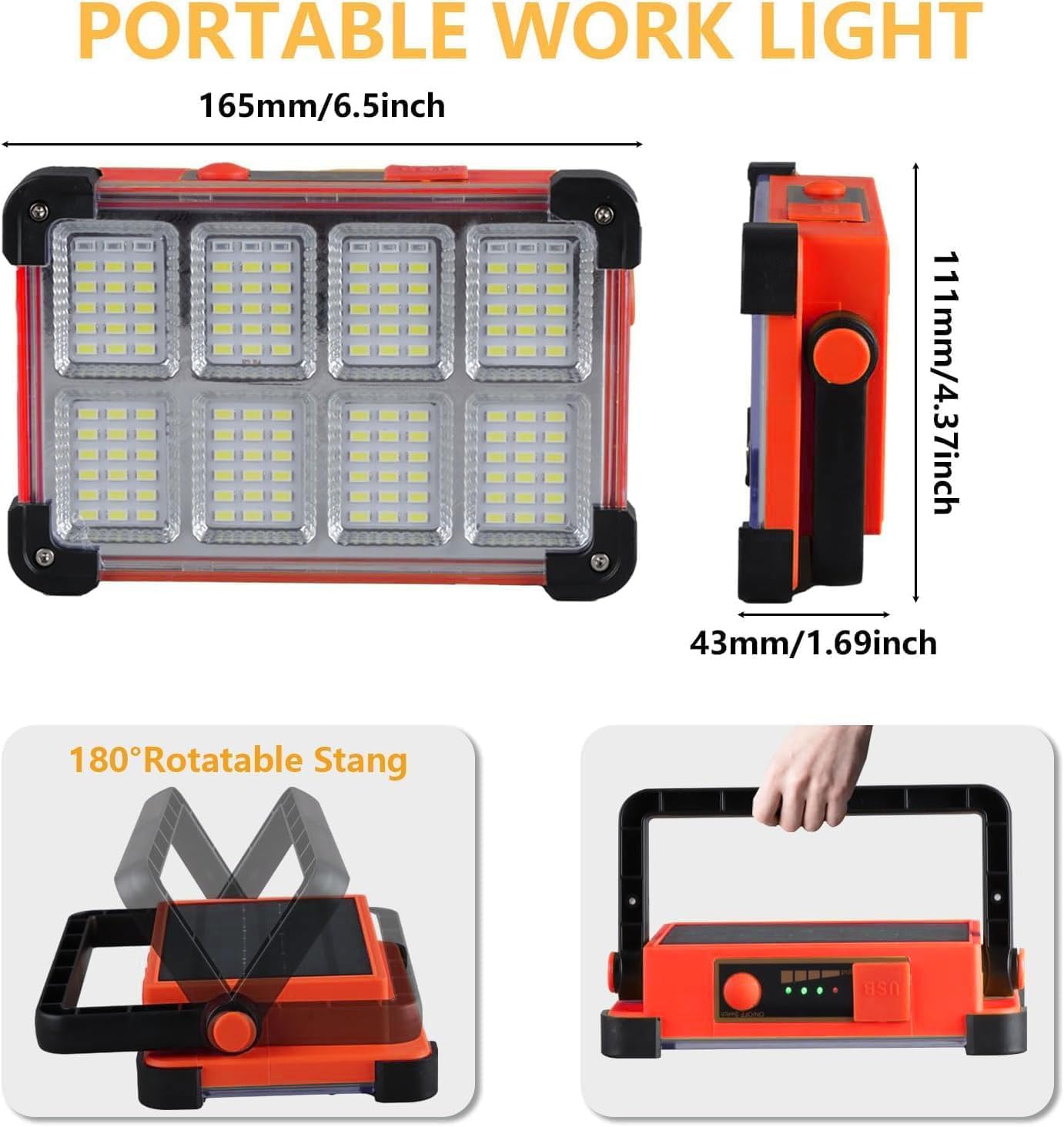 120W LED Solar Work Light, 144 LED 10000LM Portable Flood Light with Stand, Red 4 Modes Rechargeable, IP65 Waterproof Outdoor Working Light for Camping, Fishing, Car Repair & Mechanics (1)