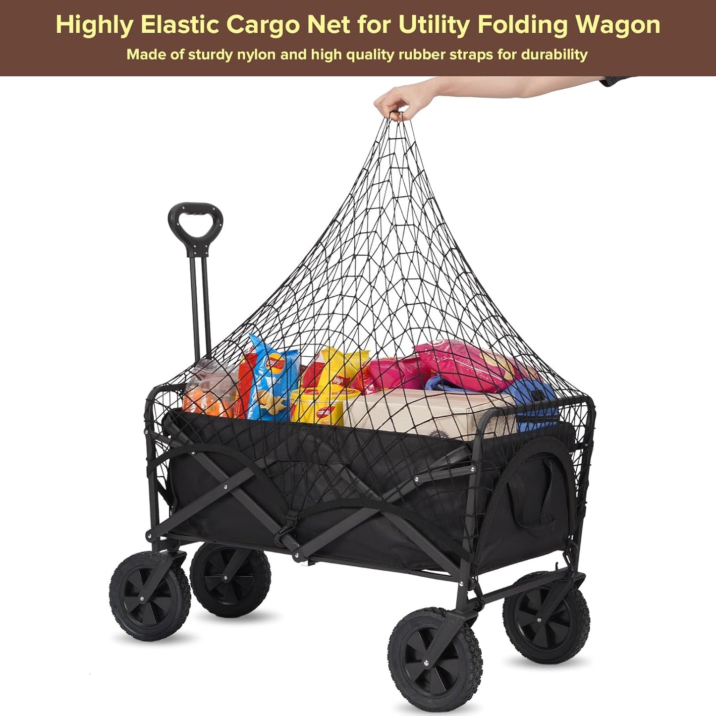 Kaskawise Cargo Net for Collapsible Foldable Wagon, Beach Cart, Garden Cart - Elastic Heavy Duty Nylon Cover With 6 Hooks - Outdoor Accessories (43.3"27.6", Black)