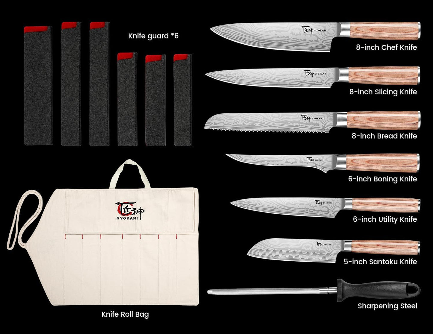 14pcs Chef Knife Set with Roll Bag, Professional Stainless Steel Japanese Knife Set with Pakkawood Handle for Professional Chef, Camping, Travel, BBQ, RV or Gift Beige
