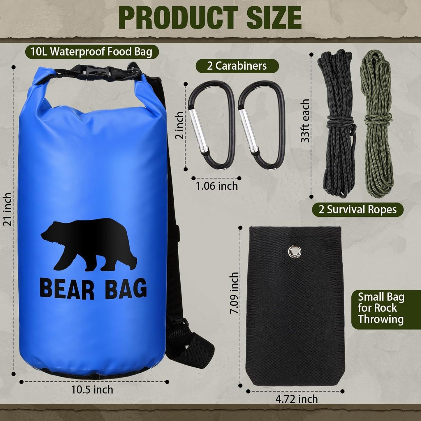 1 Set Bear Food Bag for Camping Ultralight Food Hanging System Includes Waterproof Bear Bag, Nylon Ropes, Hooks for Camping Backpacking