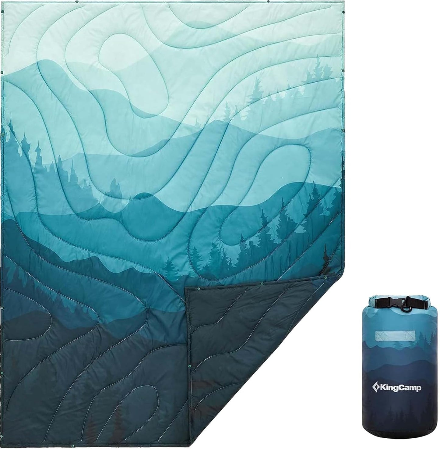 KingCamp Ultralight Camping Blanket, Packable Down Alternative Puffy Printed Wearable Blanket with Snap Buttons & Corner Loops Weatherproof Quilt for Outdoor Travel Stadium (79"L x 57”W, CYAN)
