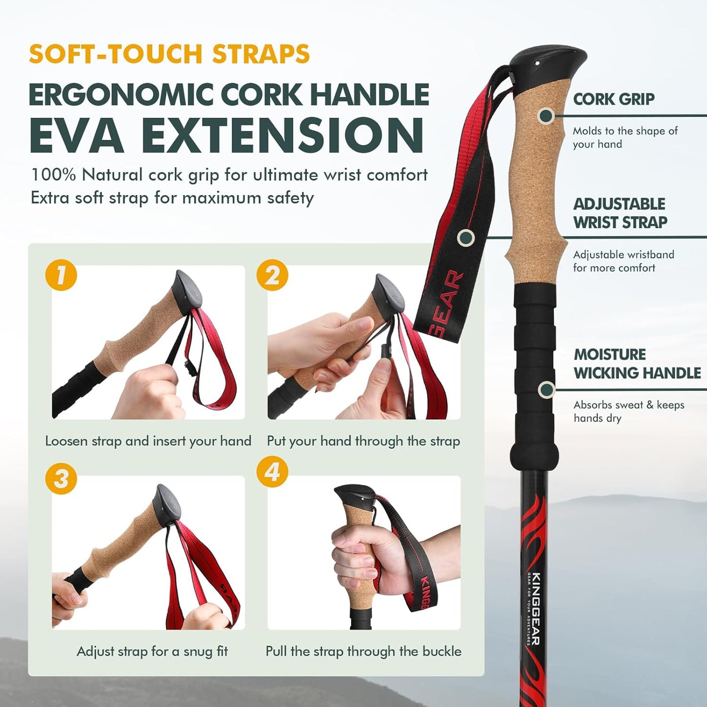 KINGGEAR TPC 100% Carbon Fiber Hiking Poles, Telescopic Retractable Nordic Trekking Poles, Ultra Lightweight Nordic Walking Stick, Metal Flip Locks, Cork and Extended EVA Handle