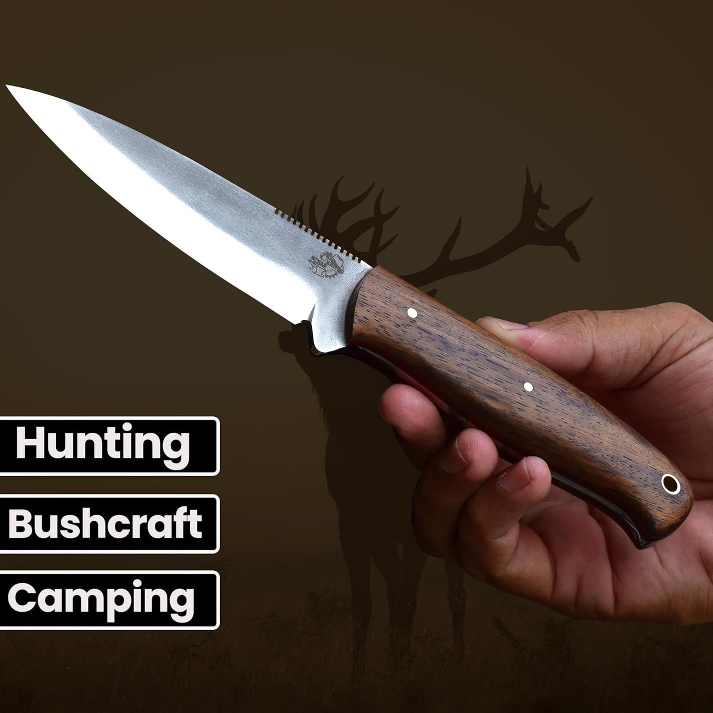 Knives Ranch Handmade Bushcraft Knife - Full Tang - SS 440C - 59 Hardness - Rosewood Handle - Genuine Leather Sheath (3092-SS-IRW)