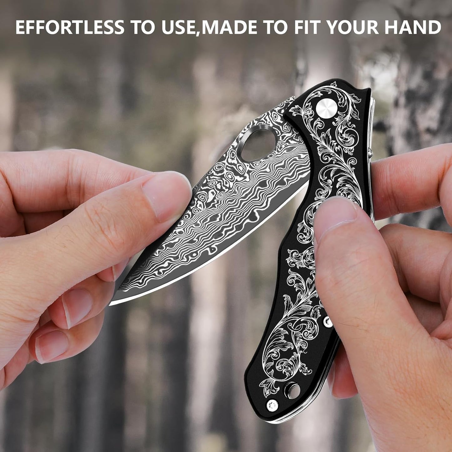 KOMWERO Damascus Pocket Knife with 2.95" VG10 Steel Blade, Folding Knife with Aluminum Alloy Non-Slip Handle, EDC Knife with Leather Sheath and Pocket Clip for Men Women Camping Survival Hiking