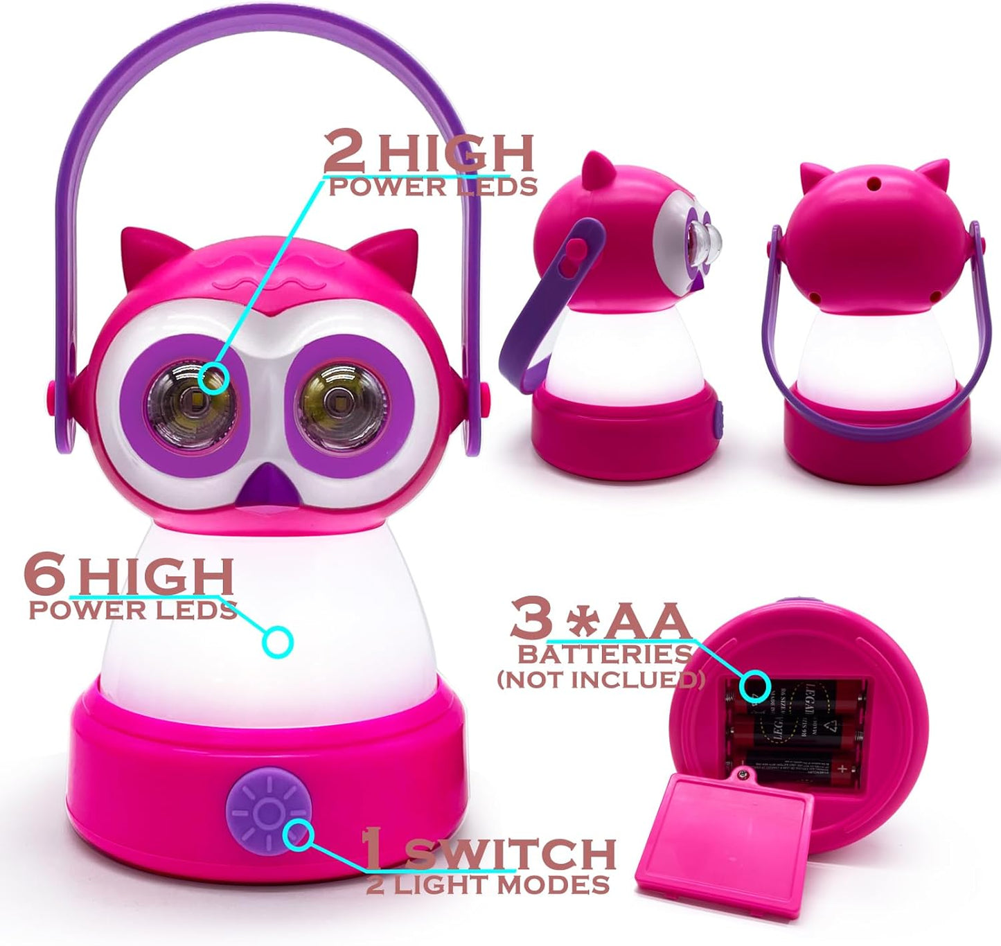 Kids Owl Lantern & Headlamp Set, 2-in-1 360° LED Camping Night Light, Battery Powered 3×AA, Child-Safe ABS, Portable Adventure Toy & Bedroom Night-Light (Pink Owl Lantern-Headlmp)