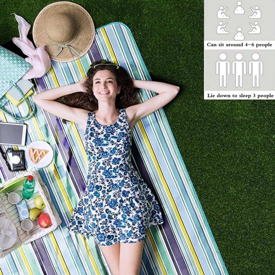 K Y KANGYUN Extra Large Picnic Blanket Outdoor Beach Blankets, Water-Resistant Foldable Sandproof Blankets Cute Picnic Mat for Beach, Camping Grass Lawn Park Mats (Blue, 80x60 in)