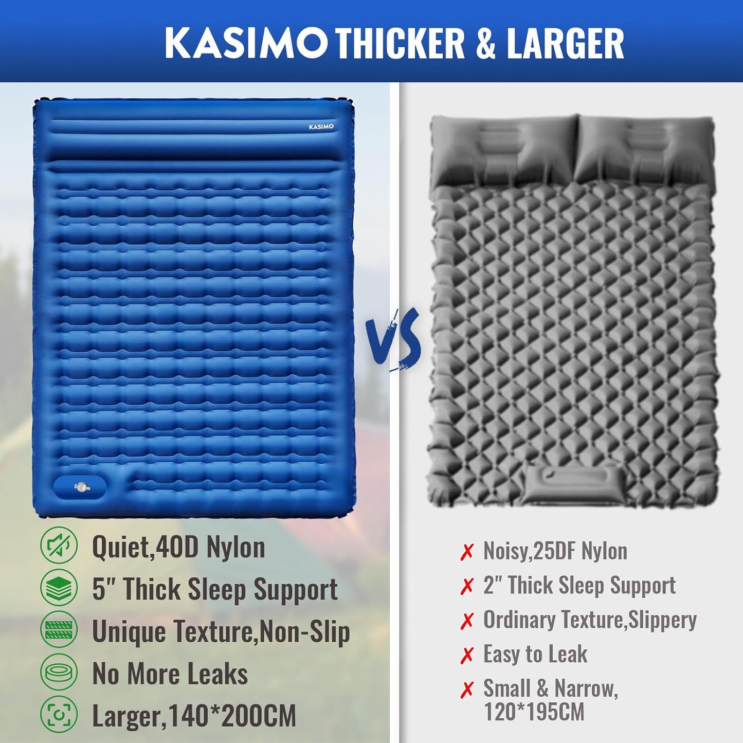 KASIMO Double Sleeping Pad for Camping,5" Ultra-Thick 1.4x2M for 2 Person with Pillow Built-in Foot Pump Inflatable Sleeping Mat for Backpacking, Hiking, Traveling, Tent, Portable Camping Mat