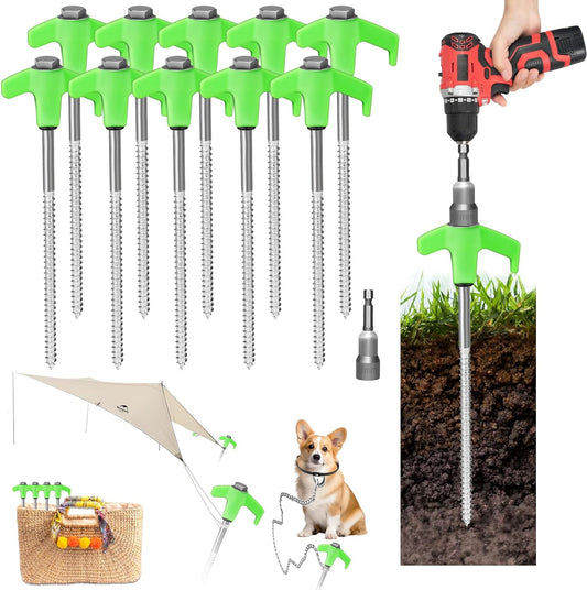 12 Pack 8" Screw in Tent Stakes Heavy Duty- Ground Anchors Screw- Tent Pegs Camping Stakes- Hex Pegs Drillable Tent Stakes and Hexagon Head Drive and Storage Box(Green)