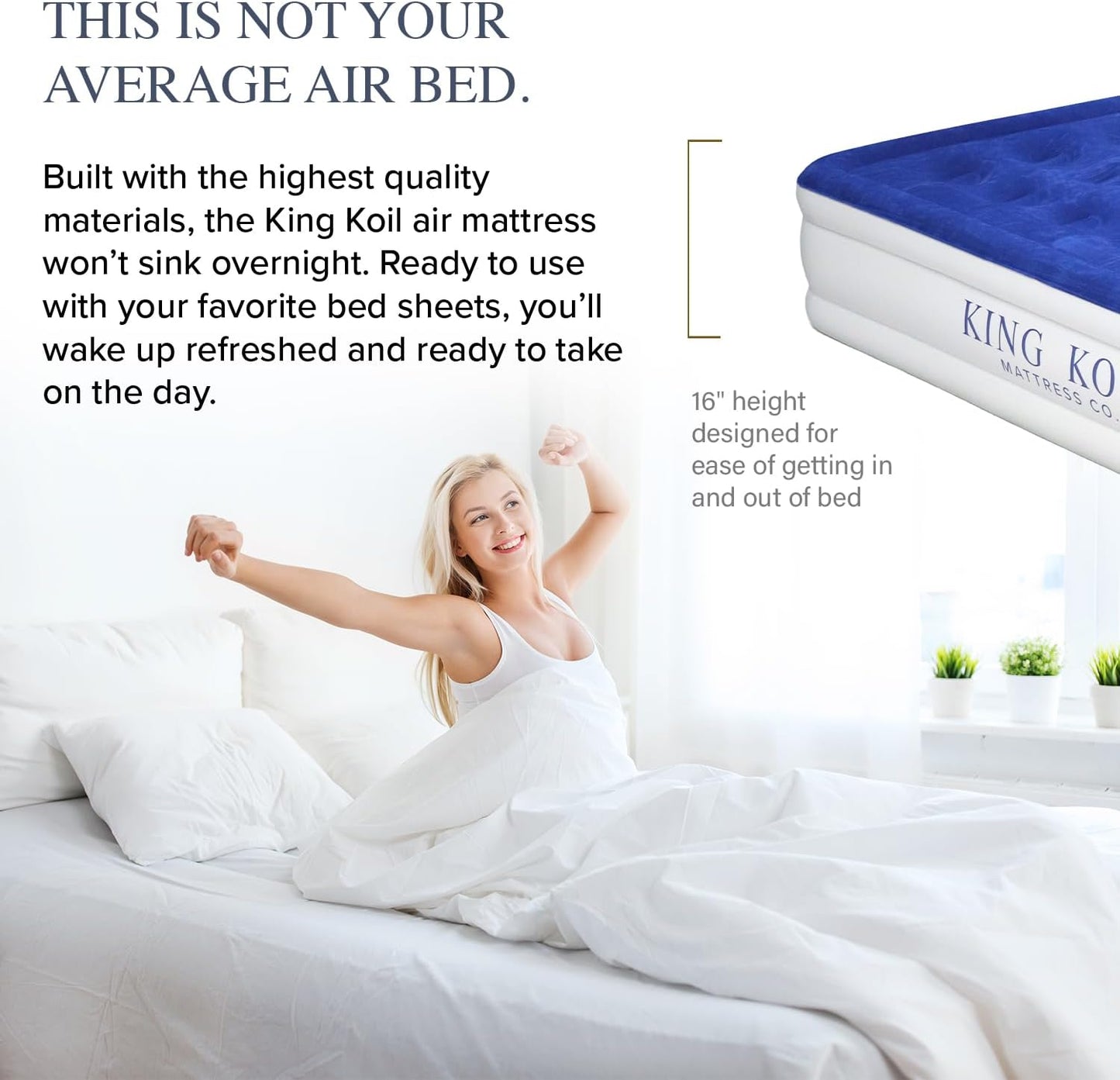 King Koil Luxury Pillow Top Plush Queen Air Mattress with Built-in High-Speed Pump Best for Home, Camping, Guests, 16" Queen Size Double Airbed Adjustable Blow Up Mattress, Waterproof, 1-Year Warranty