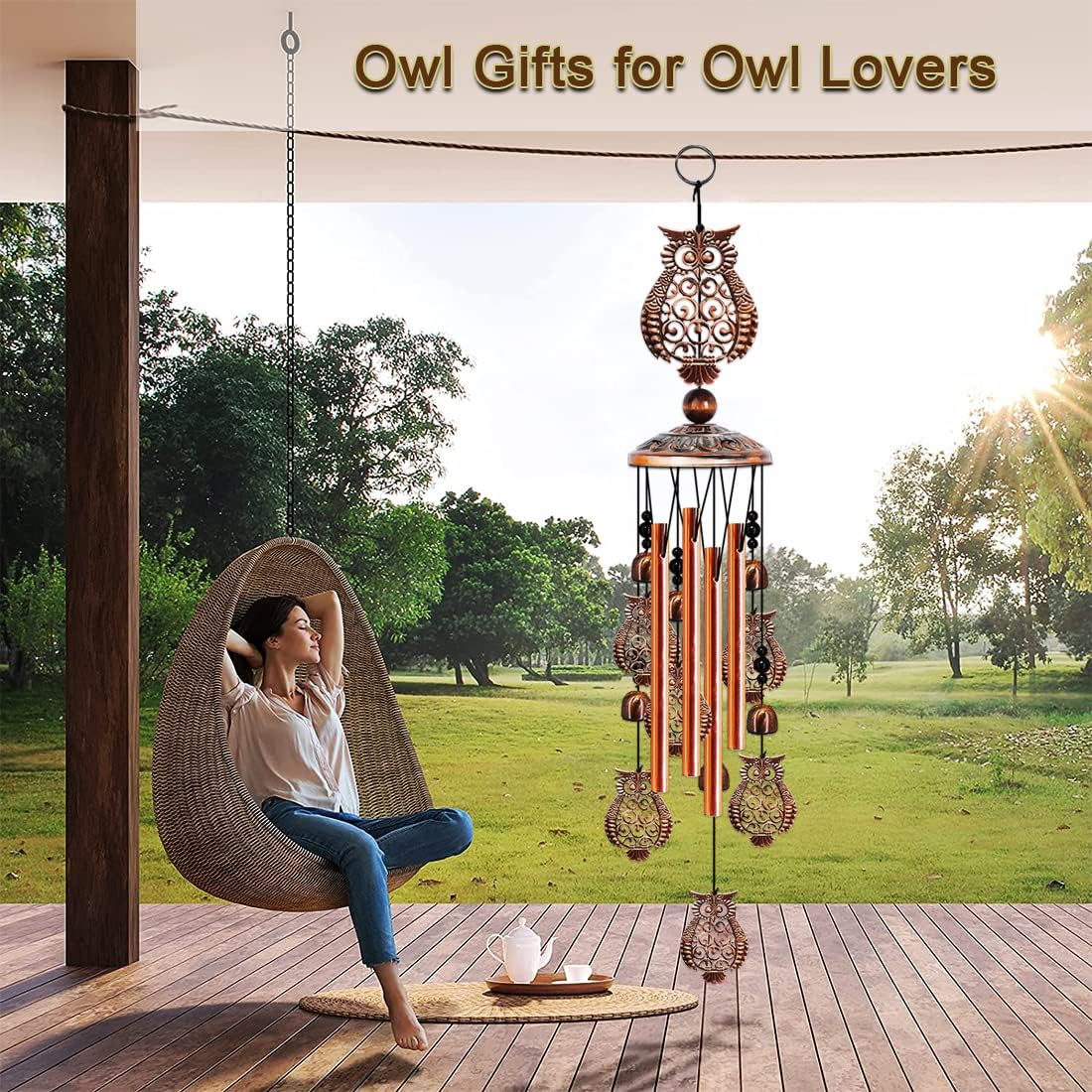 JUNQIU Owl Wind Chimes for Outside, Owl Gifts for Women - 35In Owls Decor Windchime, Gifts for Women, Mom