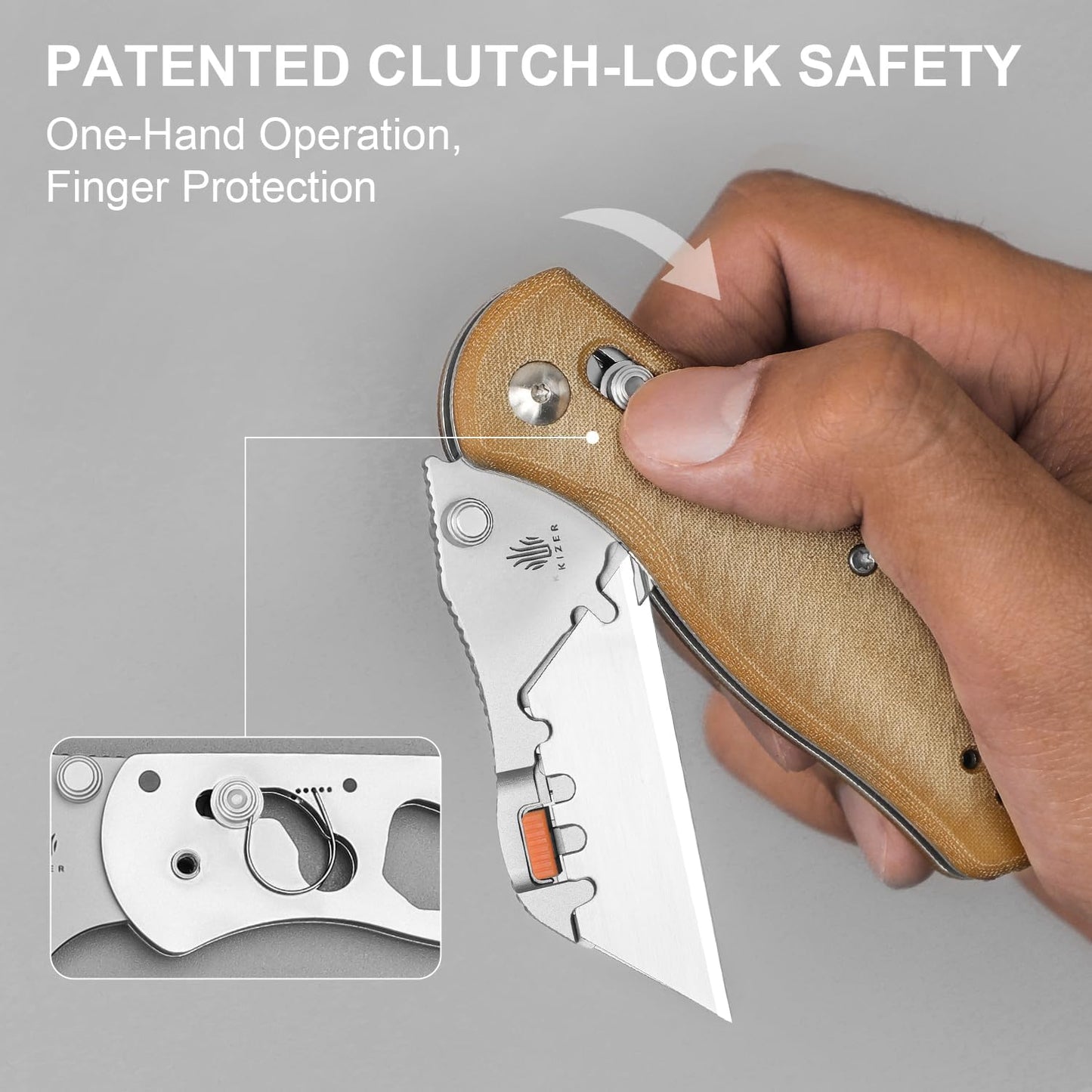 Kizer Uti Bear(Tool-Free Version) Folding Utility Knife, Quick Change Box Cutter EDC knife with 5PCS Razor Blades, Clutch Lock & Pocket Clip Small Pocket Knives for Men Women V3619JA7