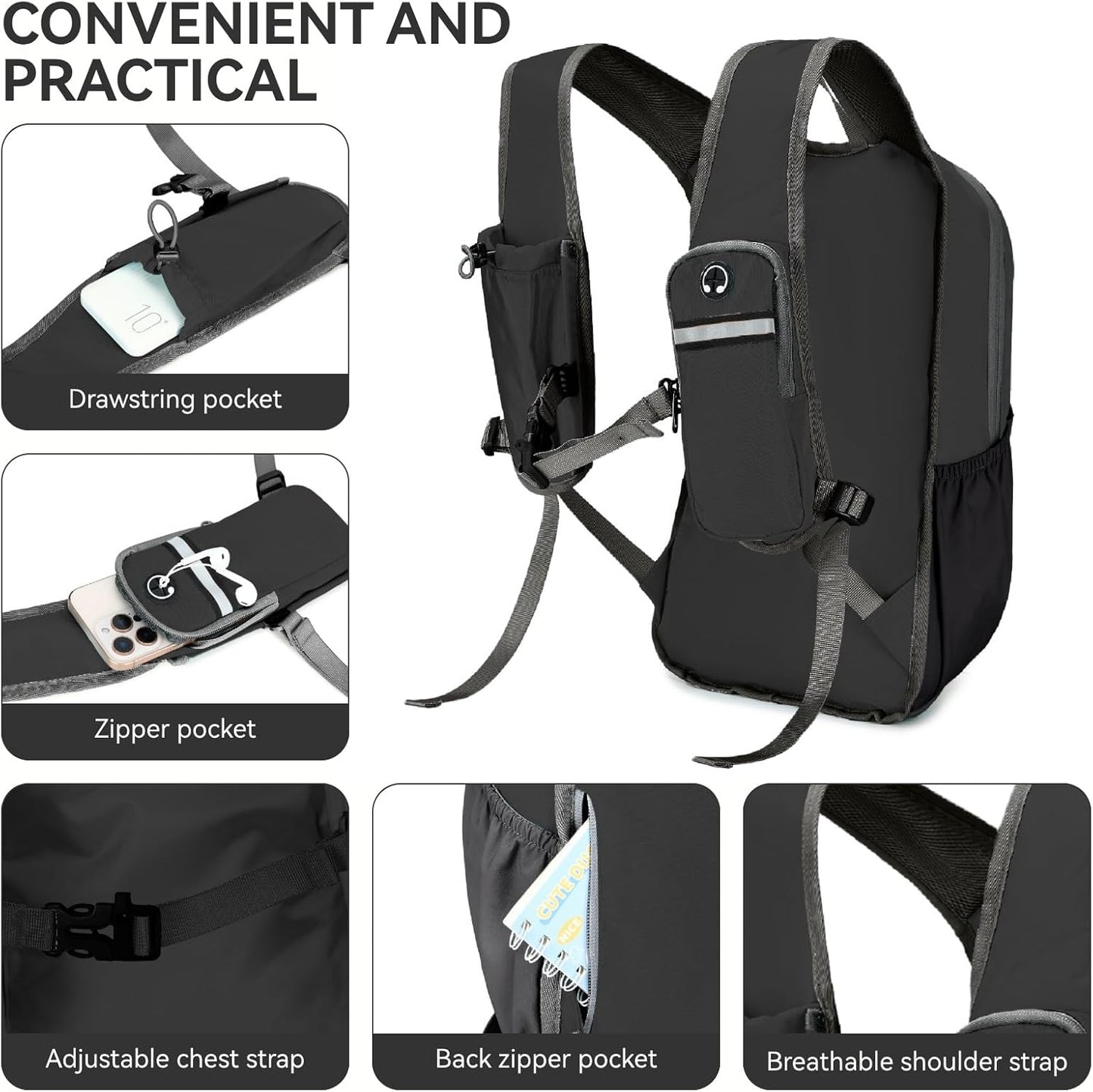 15L Small Hiking Backpack for Men Women Lightweight Packable Backpack Foldable Casual Daypack for Camping Travel Outdoor, Black