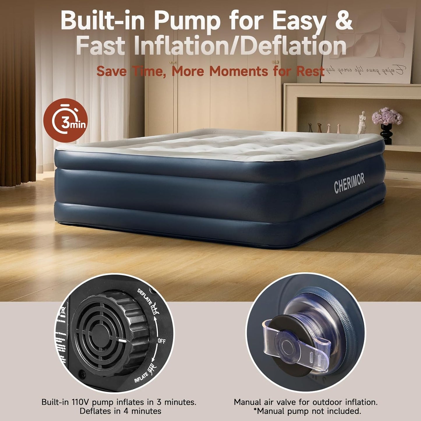 King Size Air Mattress with Built-in Pump, 18in Raised Heavy Duty Inflatable Bed, 1000lbs Maxs, Fast Inflatable Blow up Mattress with Carry Bag, Air Bed for Camping Sleepover Guest Room