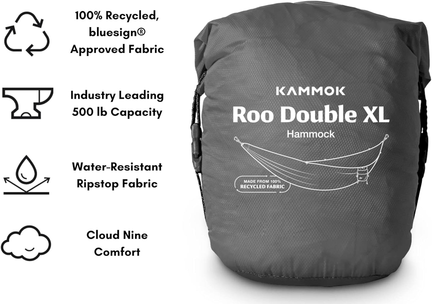 KAMMOK: Roo Double XL Hammock | Made from Strong & 100% Recycled Water Resistant Ripstop Fabric | Comfortable, Packable, Lightweight (Lifetime Adventure Grade Warranty), Granite Gray