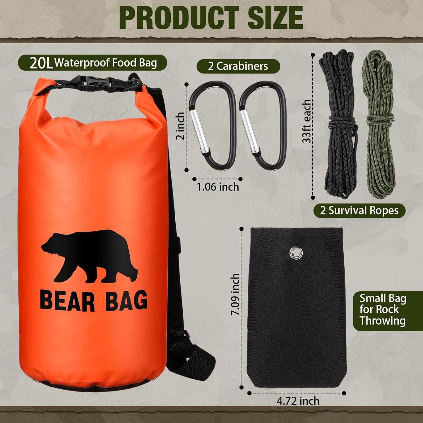 1 Set Bear Food Bag for Camping Ultralight Food Hanging System Includes Waterproof Bear Bag, Nylon Ropes, Hooks for Camping Backpacking