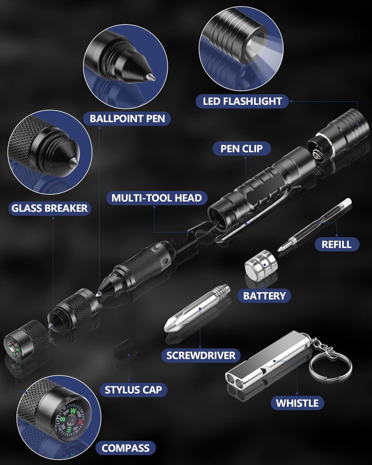 12 in 1 Tactical Pen, Self Defense Pen Multitool Gifts for Men, Stocking Stuffers for Adult, Cool EDC Gear- Christmas Birthday White Elephant Gifts for Dad, Husband, Boyfriend From Daughter Son Wife