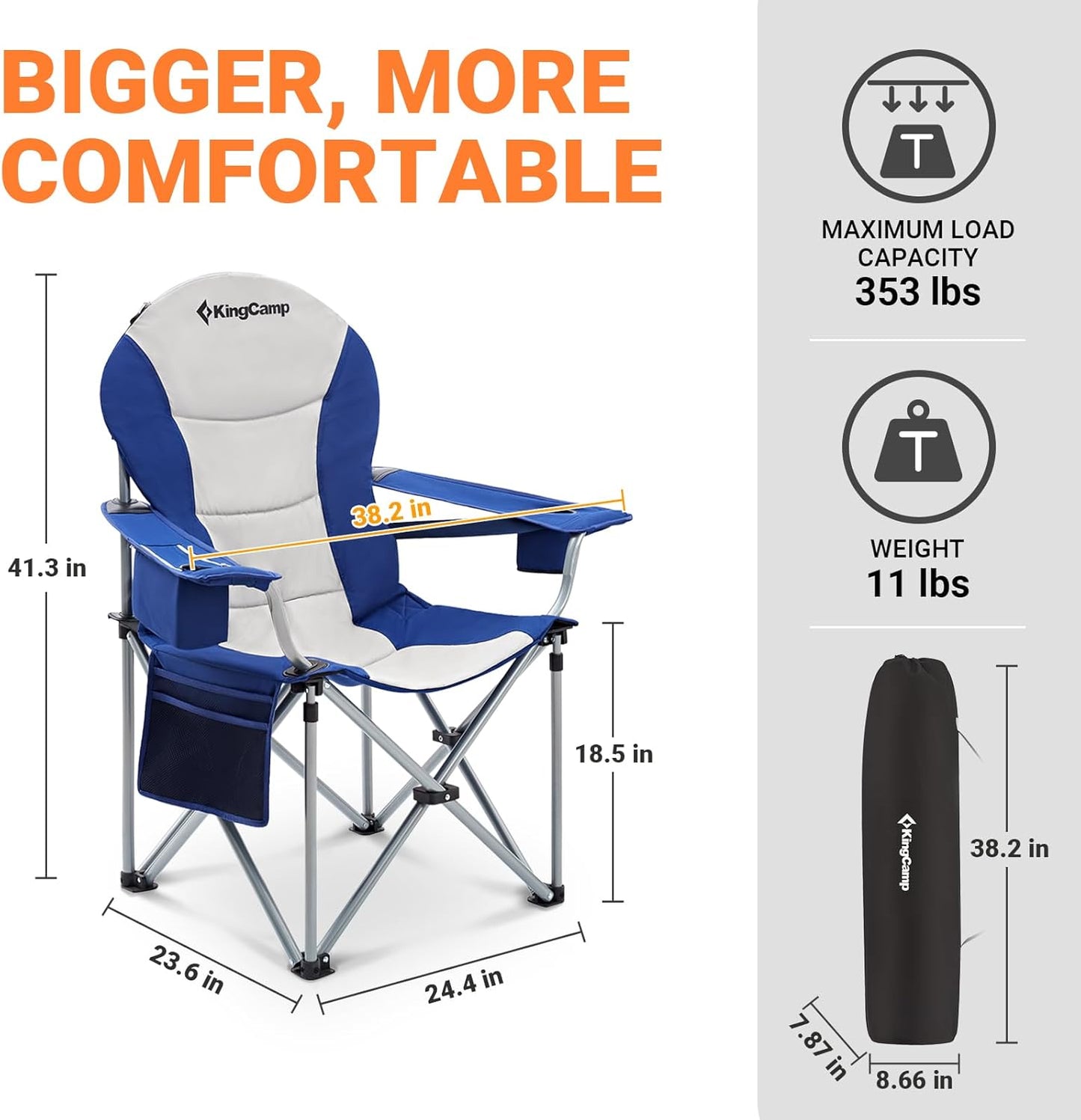 KingCamp Oversized Camping Folding Chair with Lumbar Support, Heavy Duty Ergonomic Padded Arm Chair with Cooler Bag, Cup Holder, Portable for Outdoor