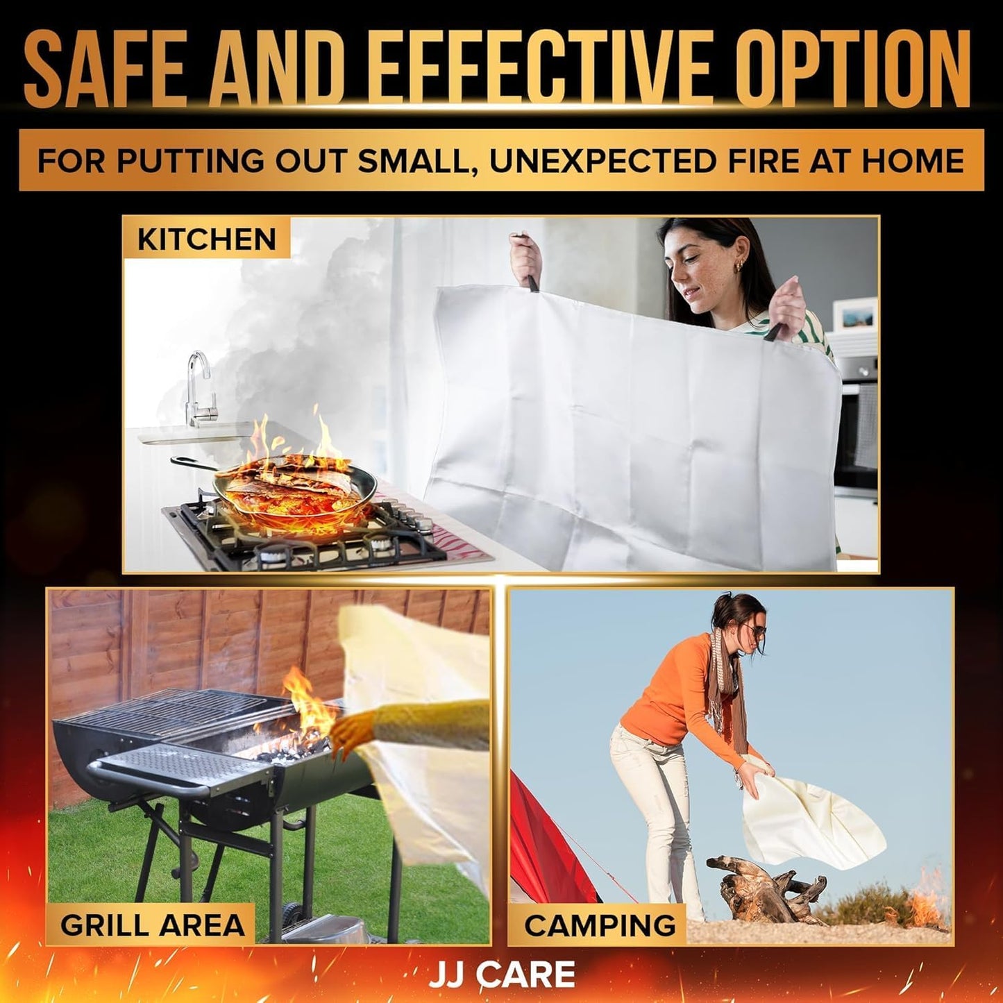 JJ CARE Fire Blanket – 5 Packs with Hooks – 40” x 40” Fire Blankets Emergency for Home and Kitchen, High Heat Resistant and Flame Protection for Kitchen, Car, Office, Camping & Home Safety