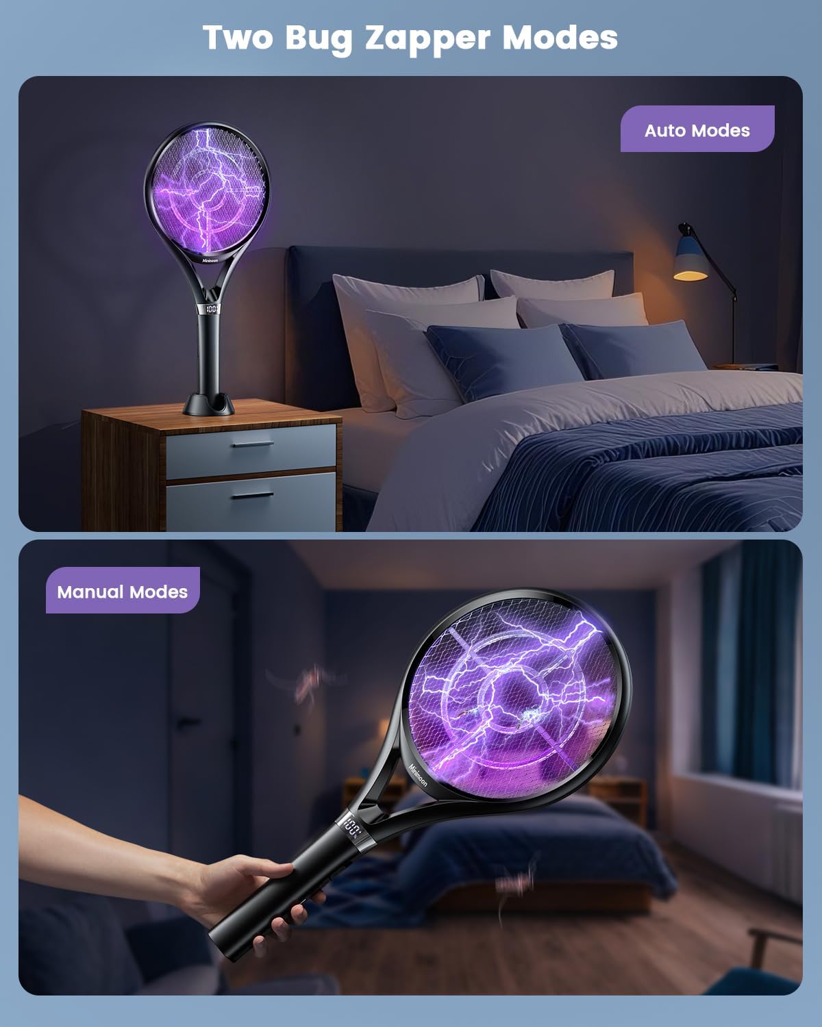 Minimoon 2Pack Electric Fly Swatter with LED Display, 2000mAh Rechargeable Fly Swatter Racket, 2500V Bug Zapper Racket Dual Modes, Mosquito Killer Lamp with 3 Layers Safety Mesh for Indoor Outdoor