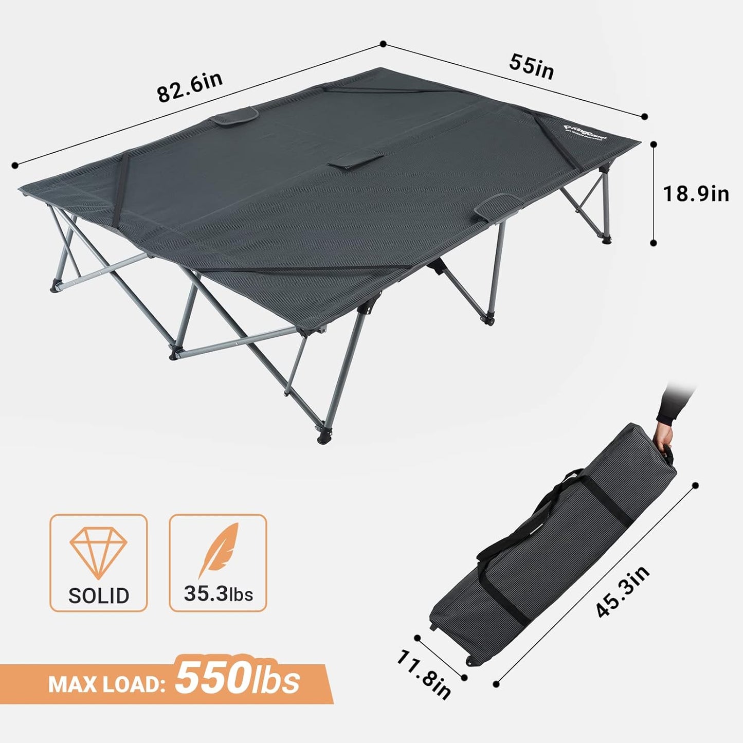 KingCamp 2 Person Queen Size Camping Cot, Folding Portable Double 550lbs Heavy Duty Oversized Large Wide XXL Foldable Sleeping Bed with Carry Bag for Two Adult Outdoor Travel Tent, Grey
