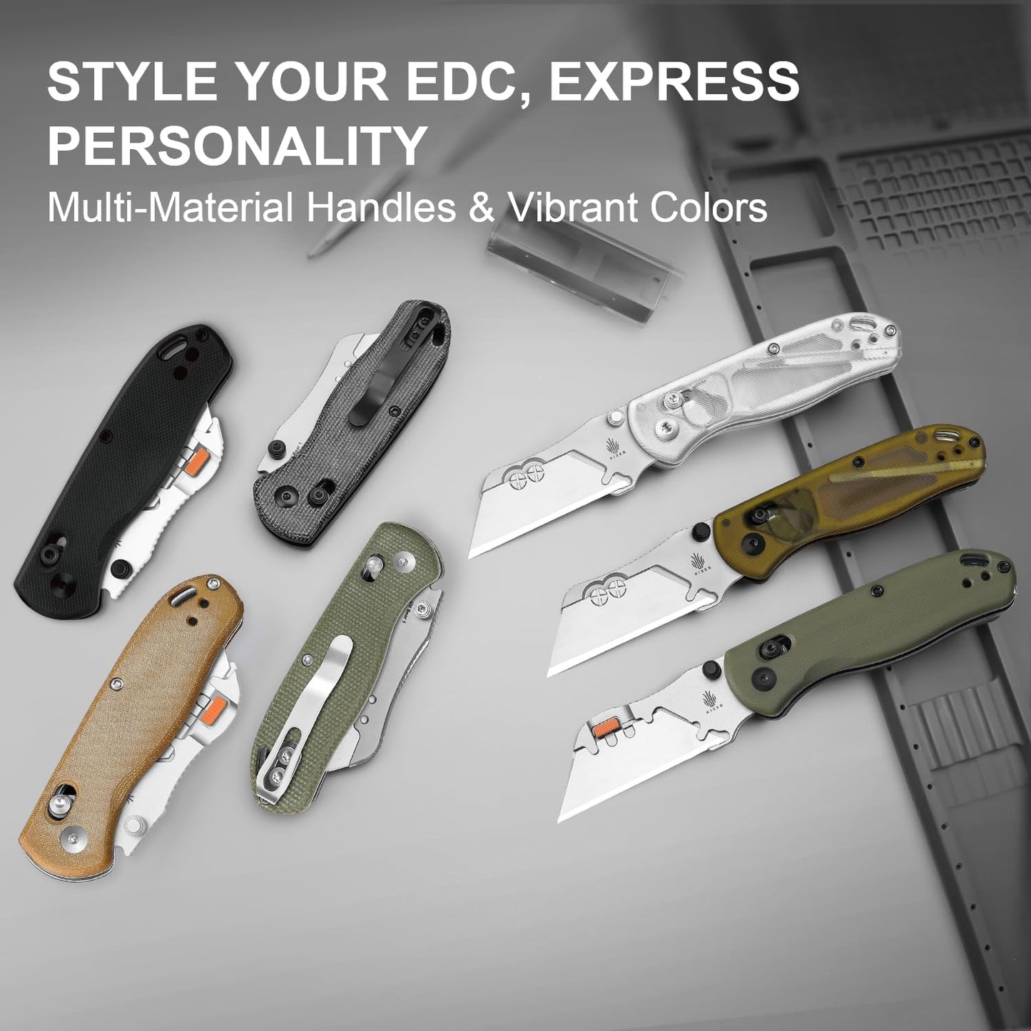 Kizer Uti Bear(Tool-Free Version) Folding Utility Knife, Quick Change Box Cutter EDC knife with 5PCS Razor Blades, Clutch Lock & Pocket Clip Small Pocket Knives for Men Women V3619JM2