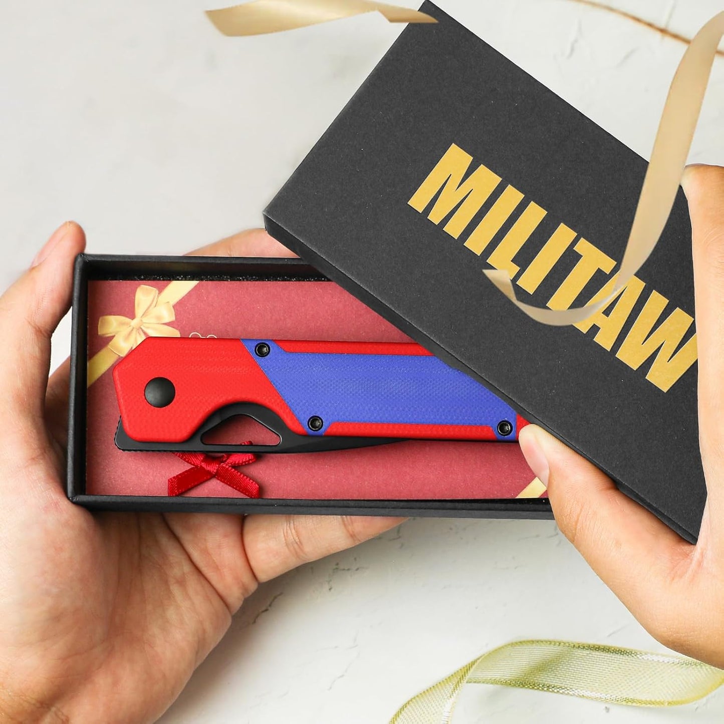 Kizer Militaw EDC Pocket Knife, 3.36'' Nitro V Blade Folding Knife, Red & Blue G10 Handle with Pocket Clip, Thumb Hole & Front Flipper Opener, Camping Hunting Knife for Men Women Gift V3634A2