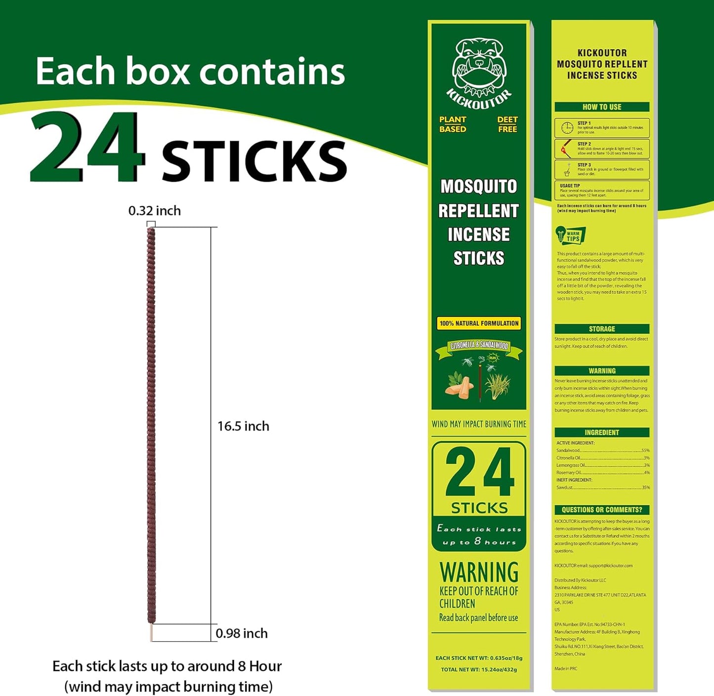 KICKOUTOR® Mosquito Incense Sticks with Natural Citronella Oil, 24 Count Indoor Outdoor Mosquito Repellent for Patio Camping Backyard, 8-Hour DEET-Free No-See-ums Bug Protection Each