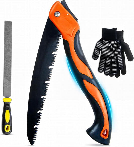 10 Inch Heavy Duty Folding Pruning Saw, SK5 Curved Blade with Triple-Cut Razor Teeth, Hand Saw for Tree Cutting, Camping, Gardening, Hiking, Landscaping & Branch Trimming