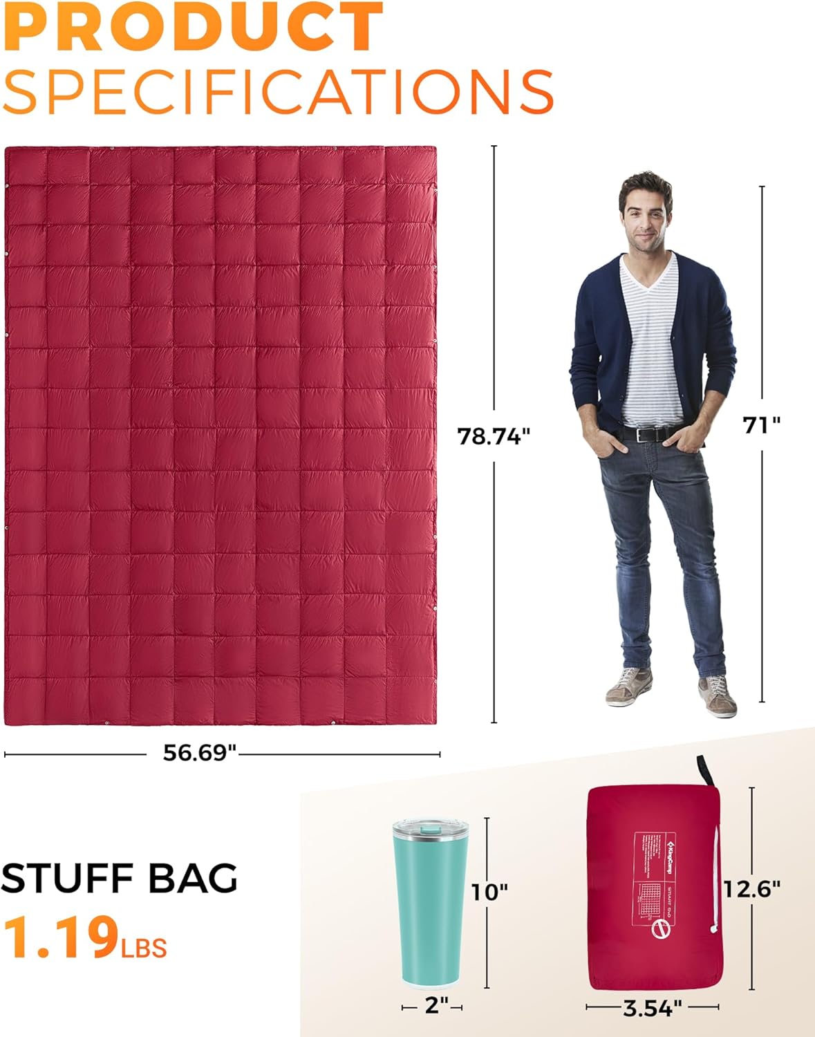 KingCamp Ultralight Camping Blanket, Packable Down Alternative Puffy Wearable Blankets Weatherproof Warm Package Quilt with Snap Buttons for Outdoor Hiking Travel Picnic Stadium (79" L x 53" W, Wine)