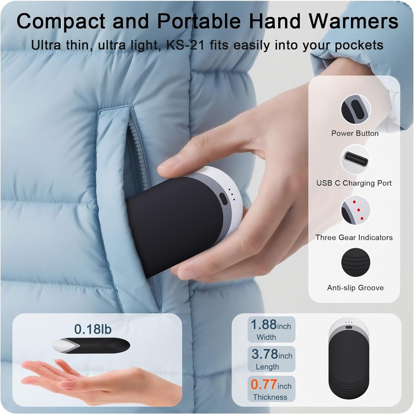 Karecel Thermally Conductive Silicone Rechargeable Hand Warmers 2 Pack, 6000mAh Double-Sided Heat AI Electric Hand Warmer, Portable Pocket Handwarmer, Fits in Gloves, Slim, Shockproof, Women Men Gifts