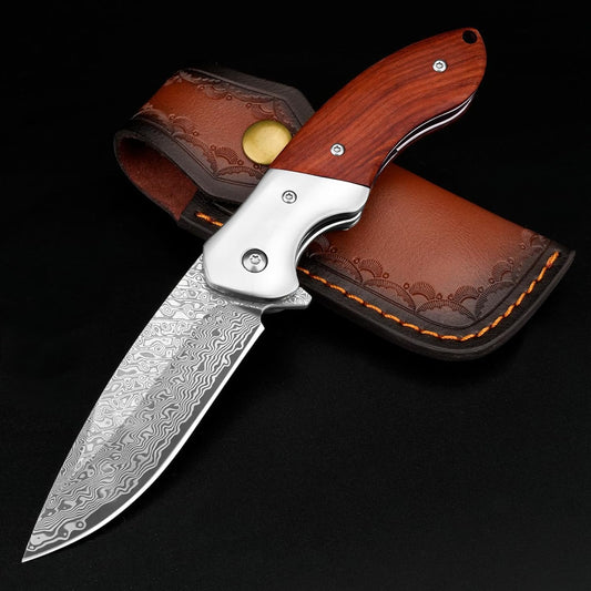 KOMWERO Damascus Pocket Knife, Sharp Damascus Steel Knife with Core VG10 Steel Blade Wood Handle, Folding Knife with Clip for Men Hunting, 60 HRC