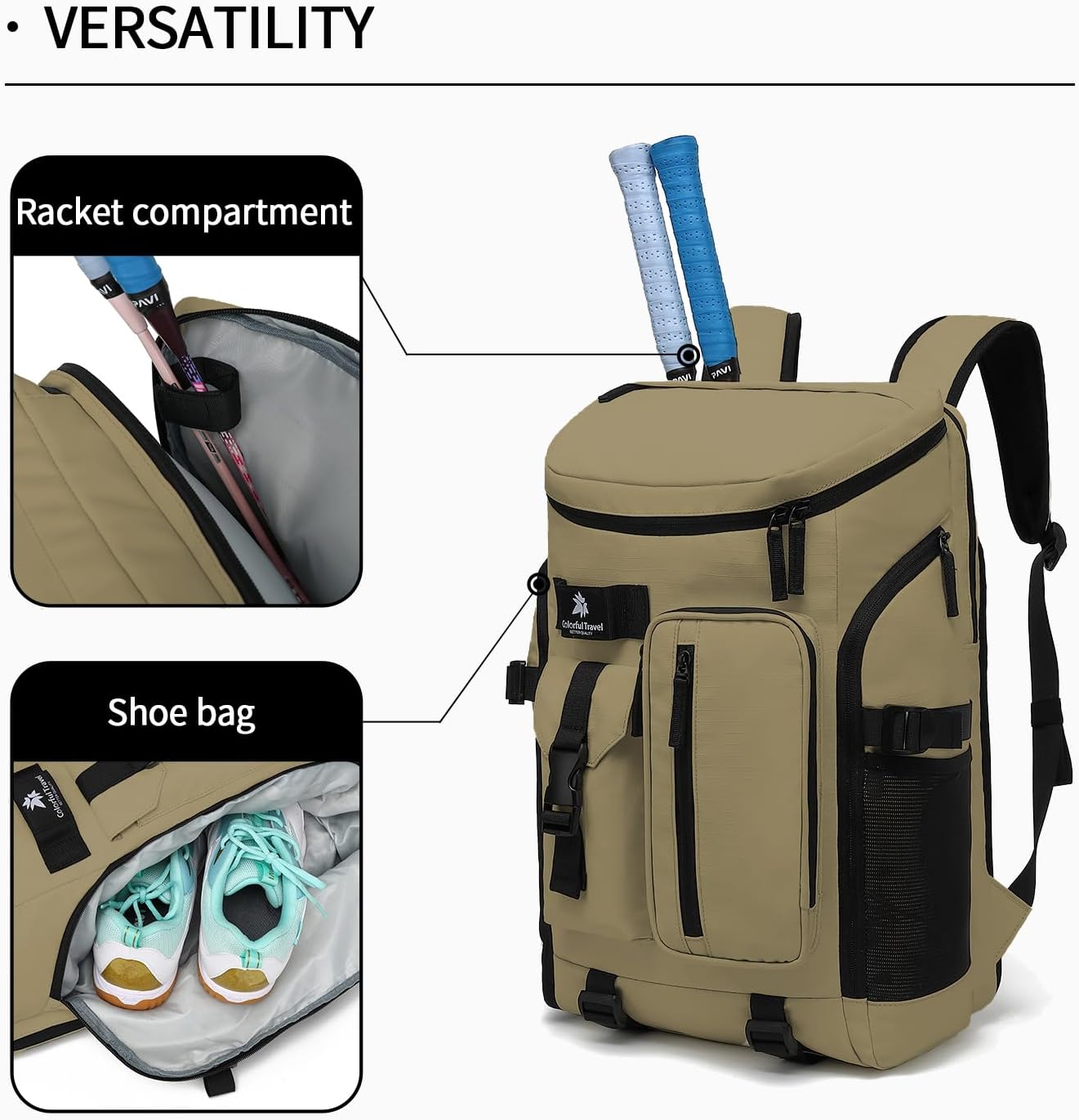 Kalesi Gym Duffle Tennis Bag Backpack 4-Way Waterproof with Shoes Compartment for travel Sport Hiking laptop (Wood color)