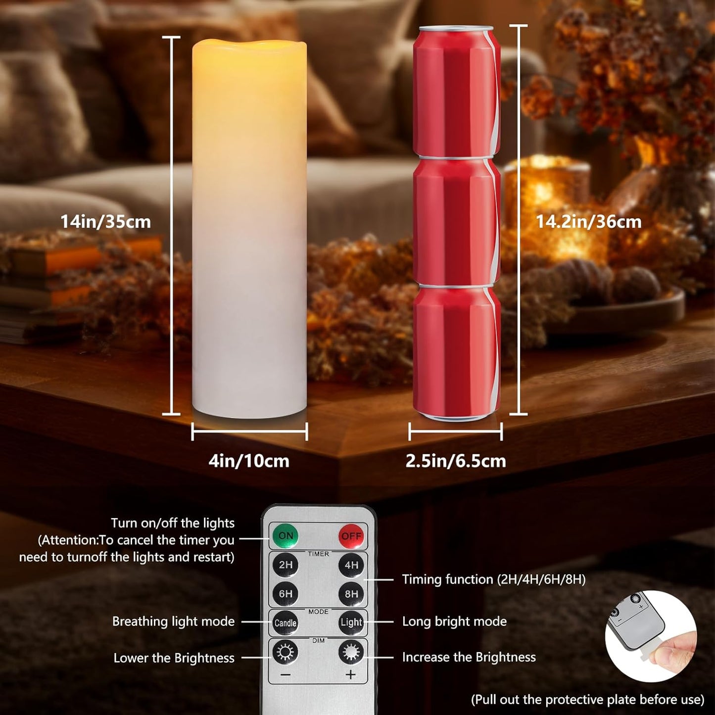 Kimjo 14" x 4" Large Outdoor Candles with Remote: Battery Operated LED Flameless Candles with Timer - Realistic Fake Waterproof Flickering Pillar Candles for Patio Porch Lanterns (White 2 Pack)
