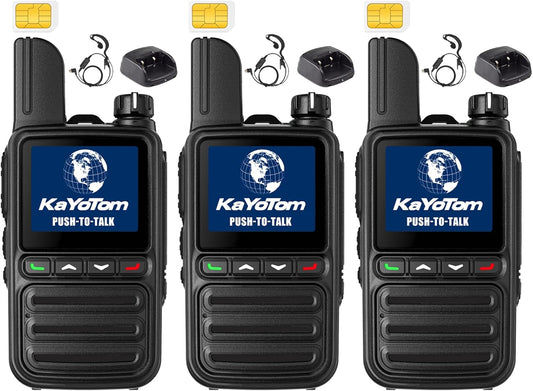 KAYOTOM Global Walkie Talkies Unlimited Range PTT Push-to-Talk Over Cellular Nationwide 5000 Miles POC 4G Handheld Long Range Two Way Radio for Team (with Charging Dock & Earphones, 3-Packs)